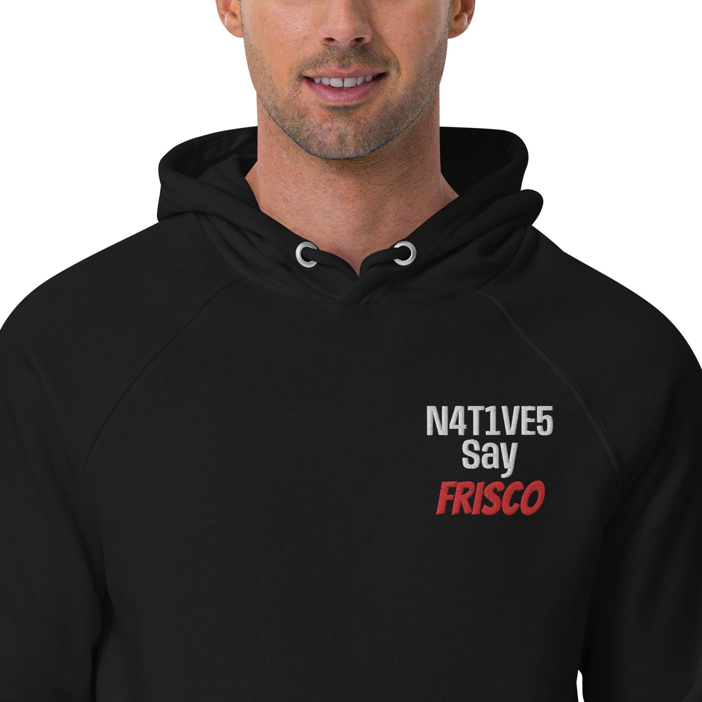 Embroidered Hella Cavyar N4T1VE5 say Frisco  eco raglan unisex hoodie